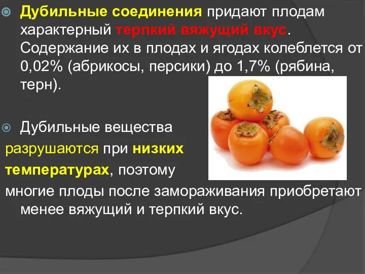 Дубильные соединения придают плодам характерный терпкий вяжущий вкус. Содержание их в