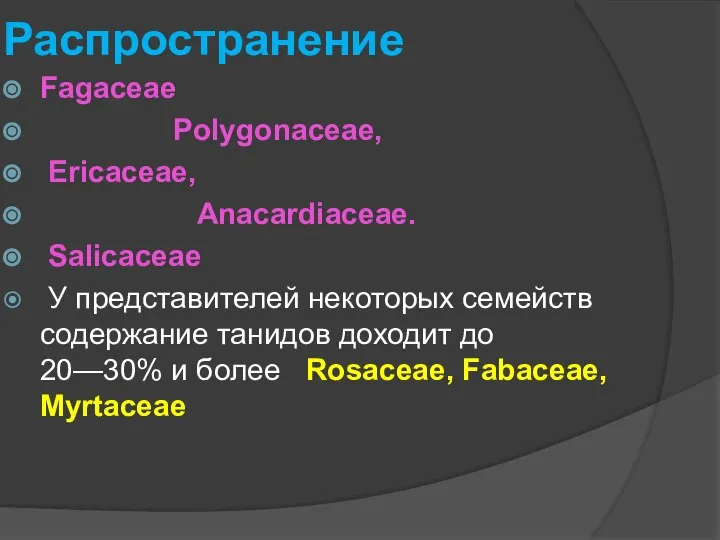 Распространение Fagaceae Polygonaceae, Ericaceae, Anacardiaсеае. Salicaceae У представителей некоторых семейств содержание