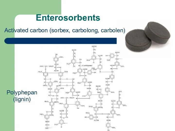 Enterosorbents Polyphepan (lignin) Activated carbon (sorbex, carbolong, carbolen)