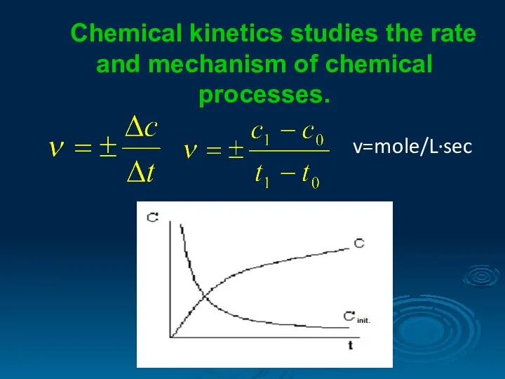 Chemical kinetics studies the rate and mechanism of chemical processes. v=mole/L∙sec