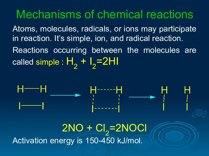 Mechanisms of chemical reactions Atoms, molecules, radicals, or ions may participate