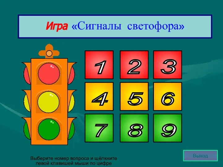 Игра «Сигналы светофора» Выберите номер вопроса и щёлкните левой клавишей мыши