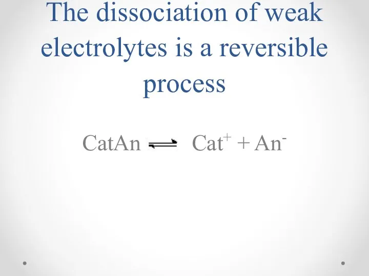 The dissociation of weak electrolytes is a reversible process CatAn Cat+ + An-