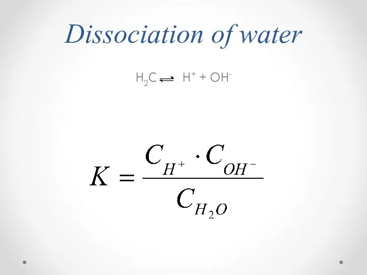 Dissociation of water H2O H+ + OH-