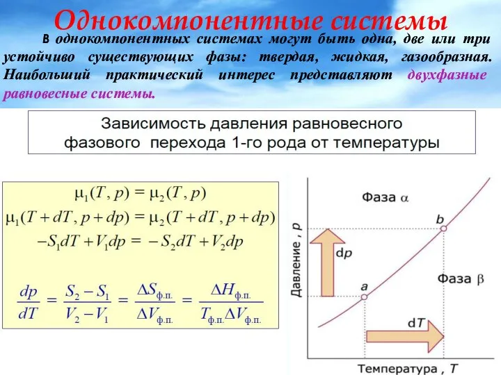 Однокомпонентные системы В однокомпонентных системах могут быть одна, две или три