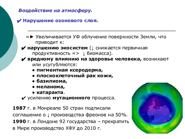 Воздействие на атмосферу. Нарушение озонового слоя. =► Увеличивается УФ облучение поверхности