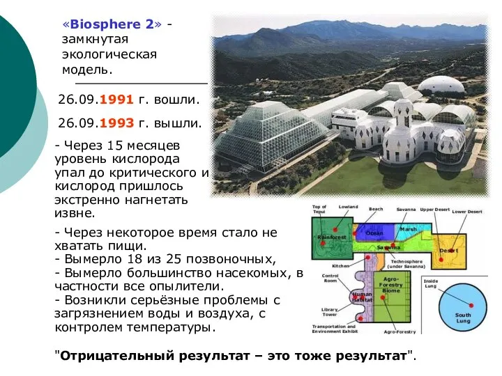 «Biosphere 2» - замкнутая экологическая модель. 26.09.1991 г. вошли. 26.09.1993 г.