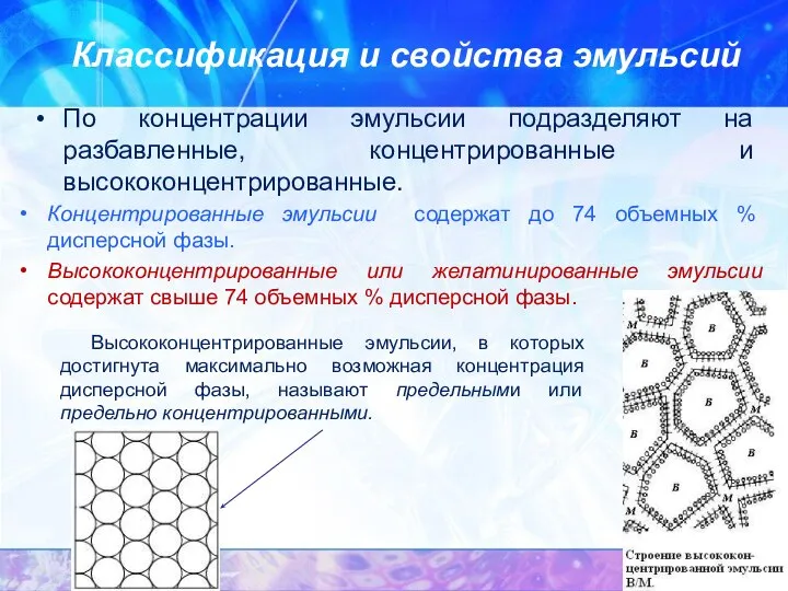 Классификация и свойства эмульсий Концентрированные эмульсии содержат до 74 объемных %