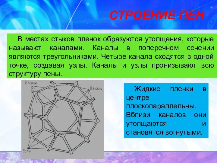 СТРОЕНИЕ ПЕН В местах стыков пленок образуются утолщения, которые называют каналами.