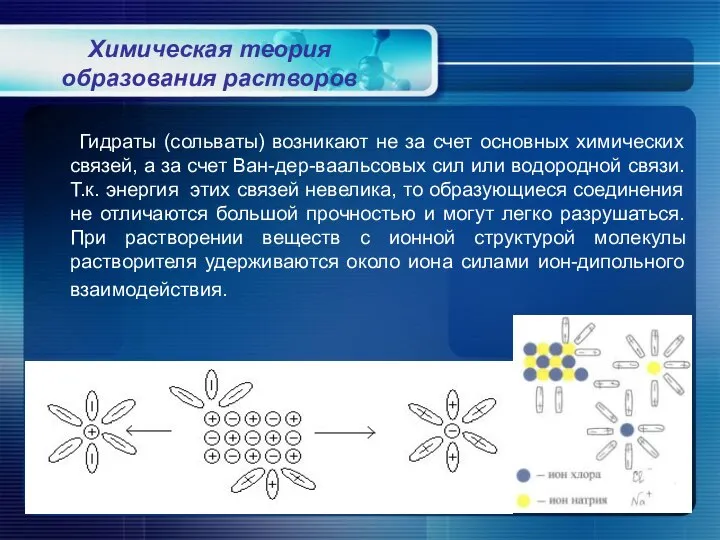 Гидраты (сольваты) возникают не за счет основных химических связей, а за