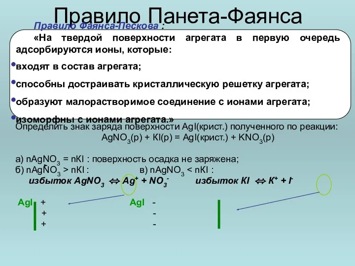 Правило Панета-Фаянса Определить знак заряда поверхности AgI(крист.) полученного по реакции: АgNО3(р)