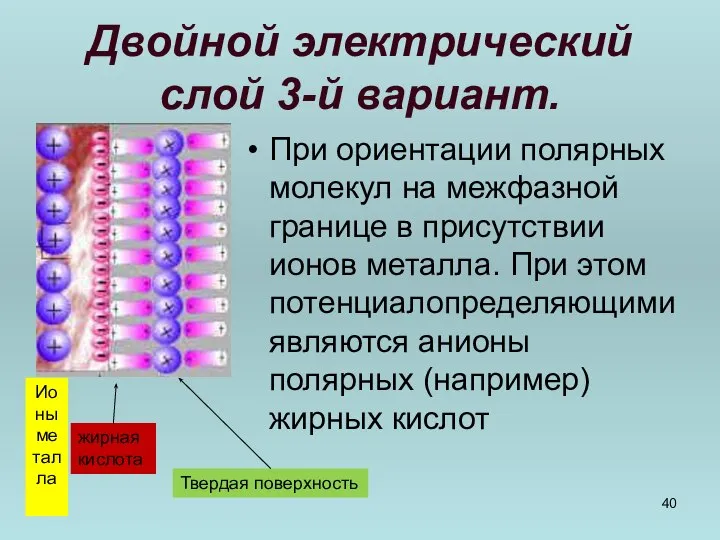 Двойной электрический слой 3-й вариант. При ориентации полярных молекул на межфазной