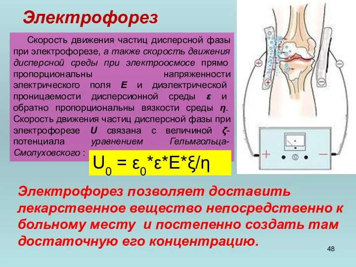 Электрофорез Скорость движения частиц дисперсной фазы при электрофорезе, а также скорость