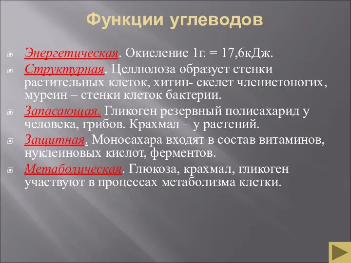 Функции углеводов Энергетическая. Окисление 1г. = 17,6кДж. Структурная. Целлюлоза образует стенки