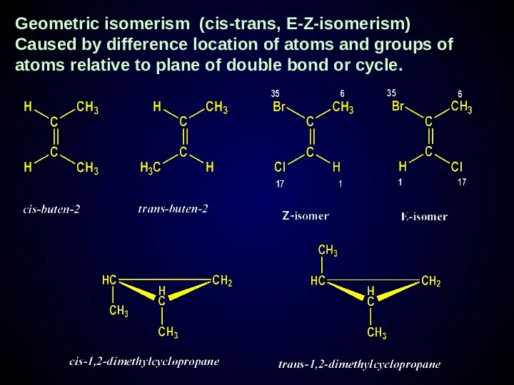 Geometric isomerism (cis-trans, E-Z-isomerism) Caused by difference location of atoms and