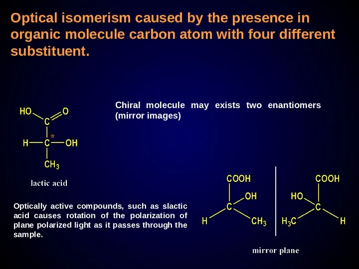 Optical isomerism caused by the presence in organic molecule carbon atom