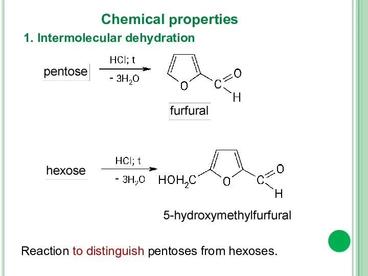 1. Intermolecular dehydration Chemical properties Reaction to distinguish pentoses from hexoses.
