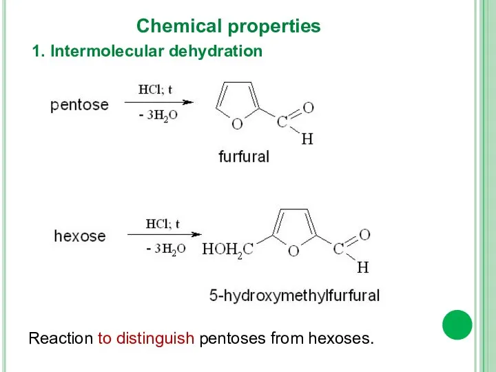 1. Intermolecular dehydration Chemical properties Reaction to distinguish pentoses from hexoses.