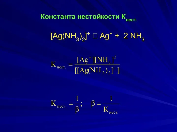 Константа нестойкости Кнест. [Ag(NH3)2]+ ⮀ Ag+ + 2 NH3