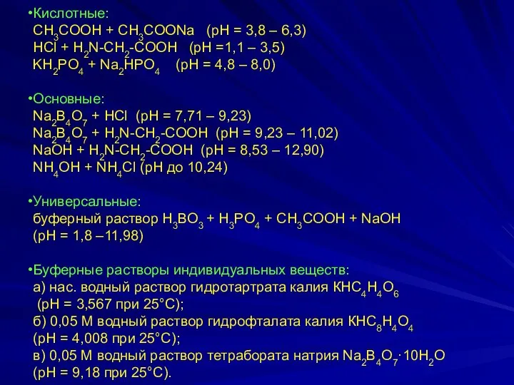 Кислотные: CH3COOH + CH3COONa (pH = 3,8 – 6,3) HCl +