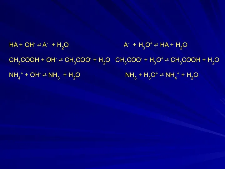 HA + ОH- ⇄ A- + H2O A- + H3O+ ⇄