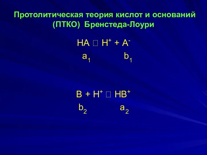 Протолитическая теория кислот и оснований (ПТКО) Бренстеда-Лоури НА ⮀ Н+ +