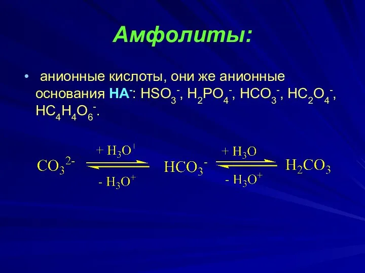 Амфолиты: анионные кислоты, они же анионные основания НА-: HSO3-, H2PO4-, HCO3-, HC2O4-, HC4H4O6-.