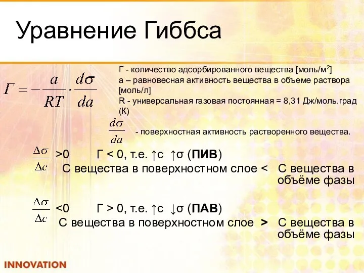 Уравнение Гиббса >0 Г С вещества в поверхностном слое 0, т.е.