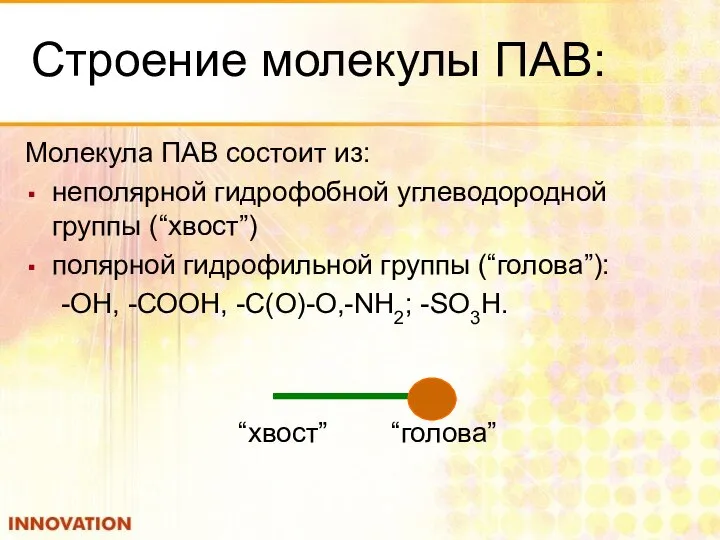 Строение молекулы ПАВ: Молекула ПАВ состоит из: неполярной гидрофобной углеводородной группы