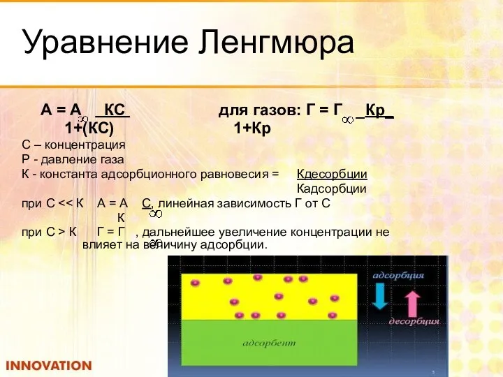 Уравнение Ленгмюра А = А КС для газов: Г = Г