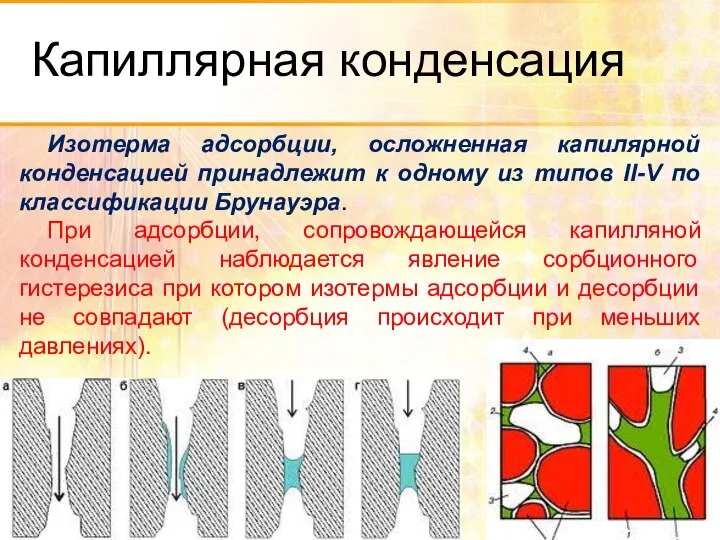 Капиллярная конденсация Изотерма адсорбции, осложненная капилярной конденсацией принадлежит к одному из