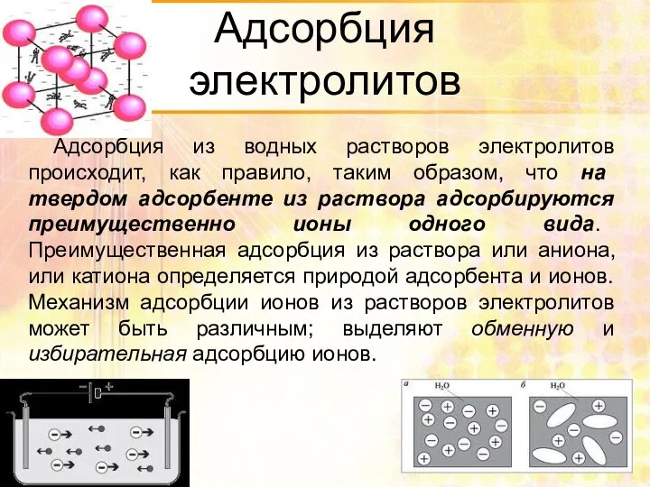 Адсорбция электролитов Адсорбция из водных растворов электролитов происходит, как правило, таким