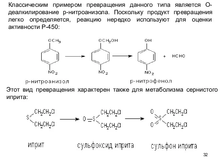 Классическим примером превращения данного типа является О-деалкилирование р-нитроанизола. Поскольку продукт превращения
