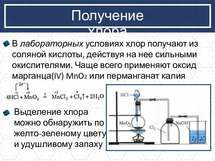 Получение хлора В лабораторных условиях хлор получают из соляной кислоты, действуя