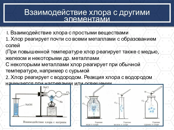 Взаимодействие хлора с другими элементами I. Взаимодействие хлора с простыми веществами