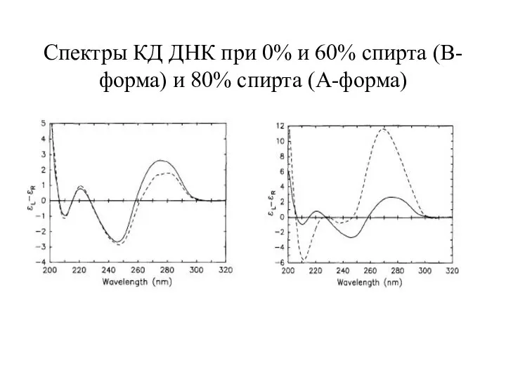 Спектры КД ДНК при 0% и 60% спирта (В-форма) и 80% спирта (А-форма)