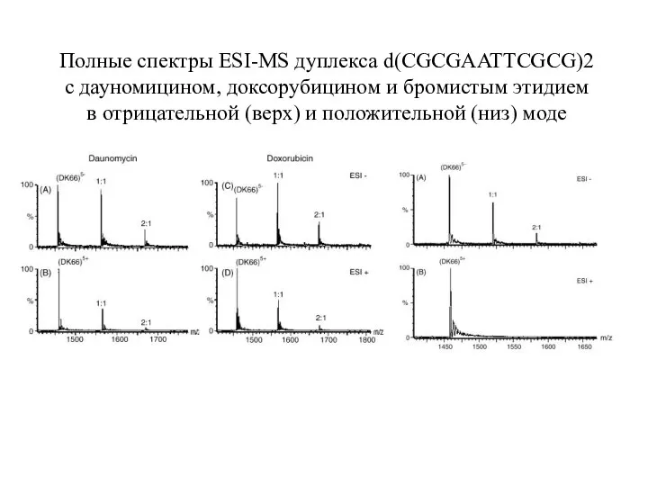 Полные спектры ESI-MS дуплекса d(CGCGAATTCGCG)2 с дауномицином, доксорубицином и бромистым этидием