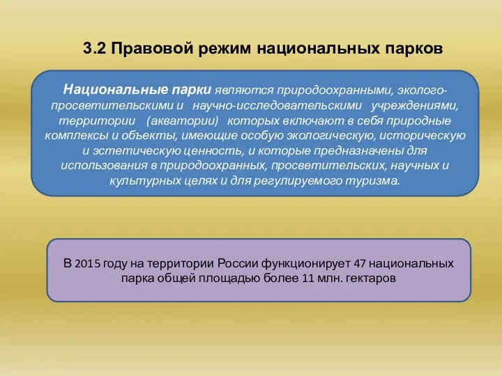 3.2 Правовой режим национальных парков Национальные парки являются природоохранными, эколого-просветительскими и