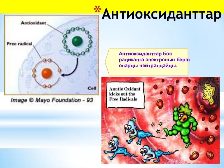 Aнтиоксиданттар Антиоксиданттар бос радикалға электронын беріп оларды нейтралдайды.