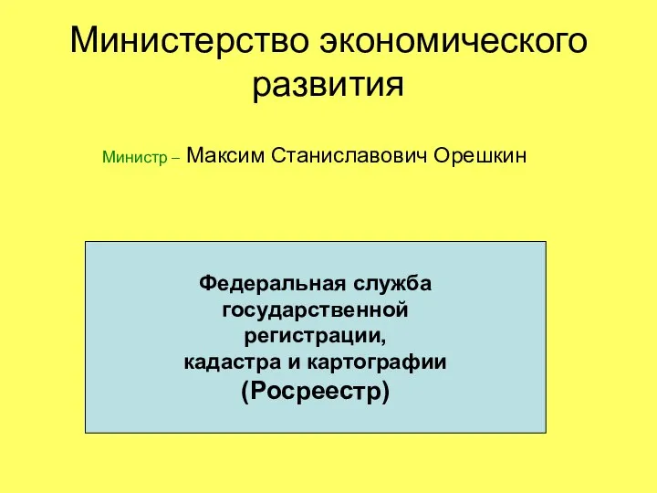 Министерство экономического развития Министр – Максим Станиславович Орешкин Федеральная служба государственной регистрации, кадастра и картографии (Росреестр)