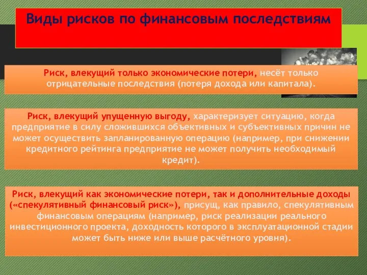 Риск, влекущий только экономические потери, несёт только отрицательные последствия (потеря дохода