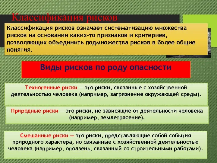 Классификация рисков означает систематизацию множества рисков на основании каких-то признаков и