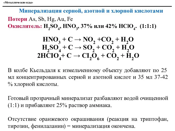 «Металлические яды» Минерализация серной, азотной и хлорной кислотами HNO3 + C