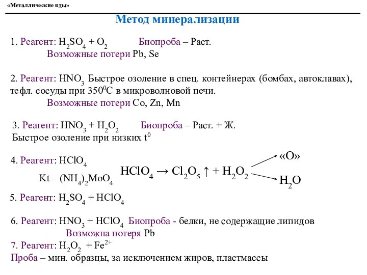 1. Реагент: H2SO4 + O2 Биопроба – Раст. Возможные потери Pb,