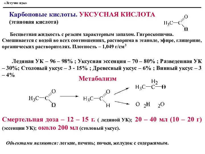 «Летучие яды» Карбоновые кислоты. УКСУСНАЯ КИСЛОТА (этановая кислота) Бесцветная жидкость с