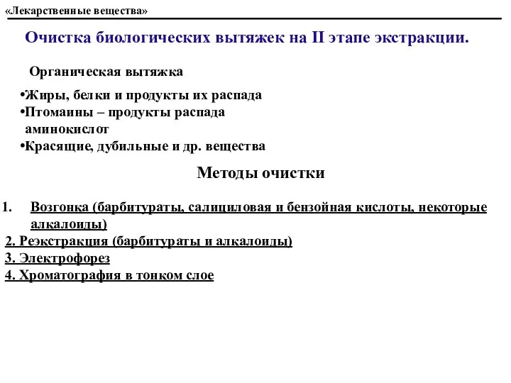 Очистка биологических вытяжек на II этапе экстракции. «Лекарственные вещества» Органическая вытяжка