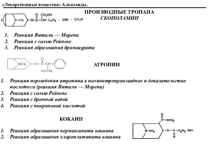 ПРОИЗВОДНЫЕ ТРОПАНА СКОПОЛАМИН Реакция Витали — Морена Реакция с солью Рейнеке