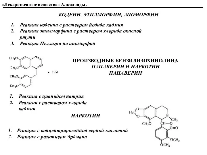 КОДЕИН, ЭТИЛМОРФИН, АПОМОРФИН Реакция кодеина с раствором йодида кадмия Реакция этилморфина