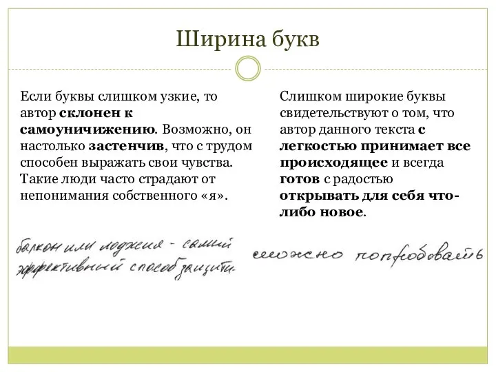 Ширина букв Если буквы слишком узкие, то автор склонен к самоуничижению.