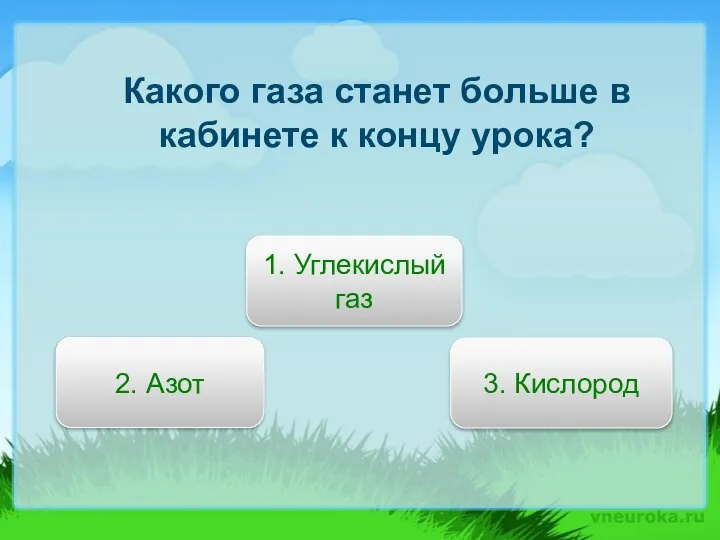 Какого газа станет больше в кабинете к концу урока? 3. Кислород 2. Азот 1. Углекислый газ